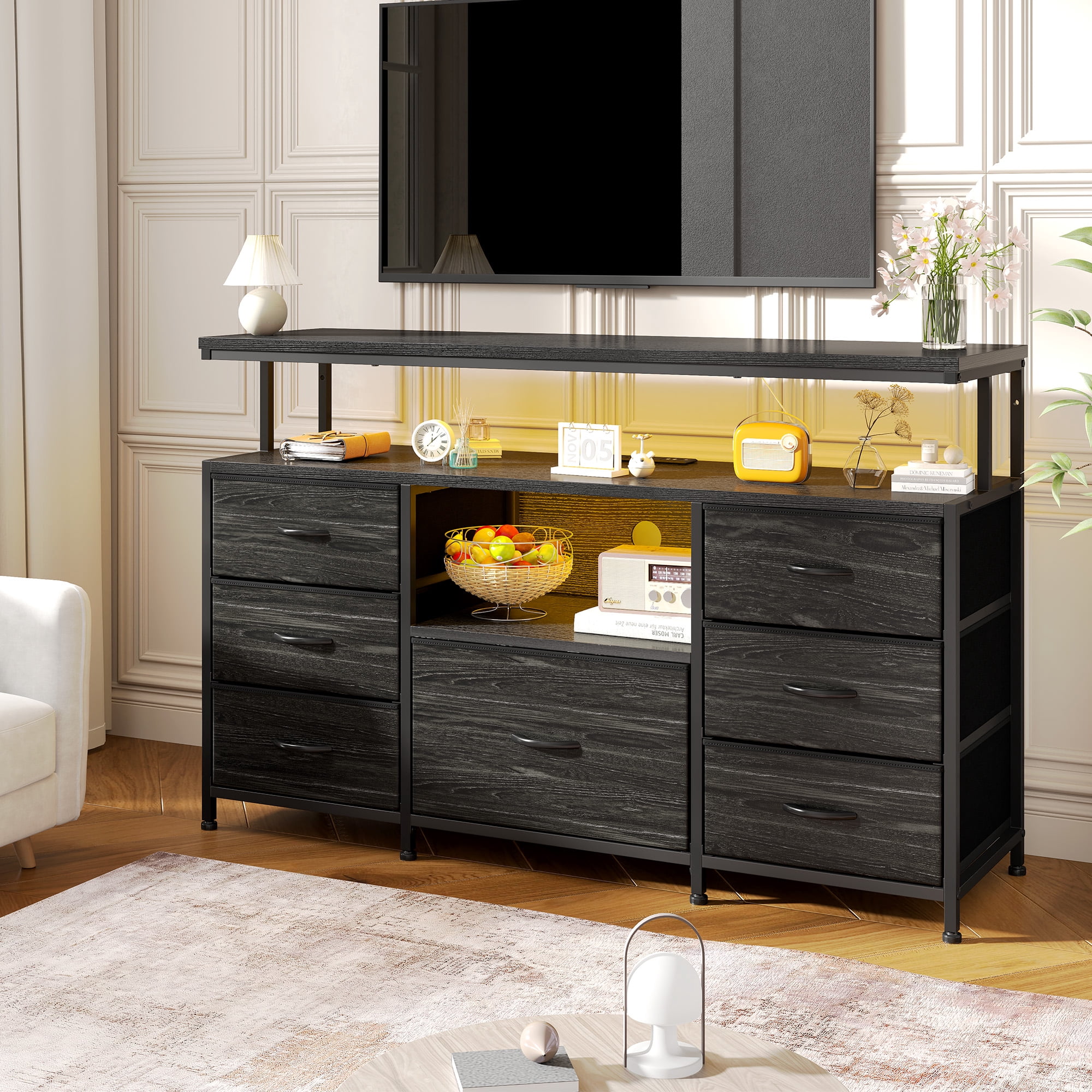 Dresser TV Stand for Bedroom with 7 Fabric Drawers,Wide Dresser for Bedroom with LED Lights & Power Outlets for 55" TV  & Open Shelves for Living Room, Sturdy Frame, Black