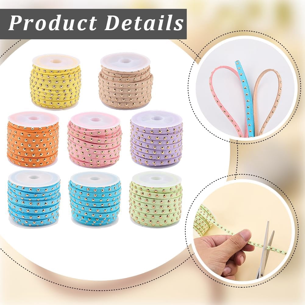 43.7 Yards Studded Suede Cord 8 Colors Flat Microfiber Leather Rope Trim 5mm Lace Beading String Strips Ribbon with Golden Punk Rivets for Jewelry Making Necklaces Bracelets DIY Crafts
