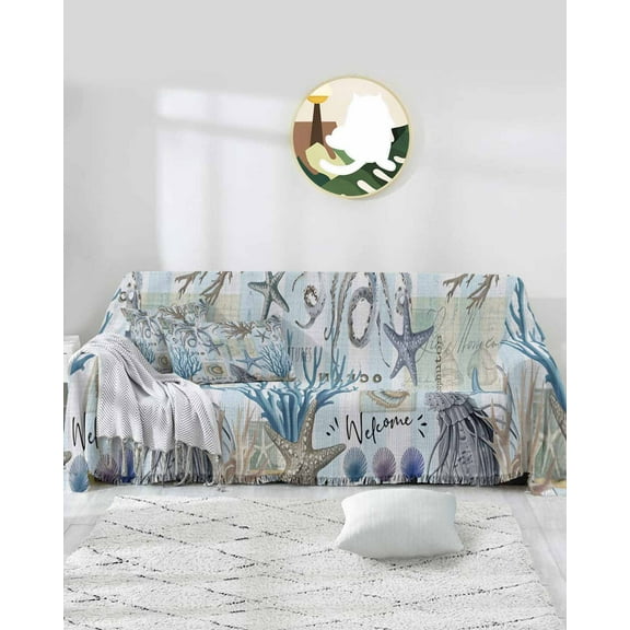 Nautical Octopus Sofa Couch Covers for 3 Cushion Couch,Washable L Shape Sectional Sofa Covers for Loverseat/Pets,Coastal Starfish Coral Shells Retro Blue Slipcover Throw Blanket Futon Cover 71x134