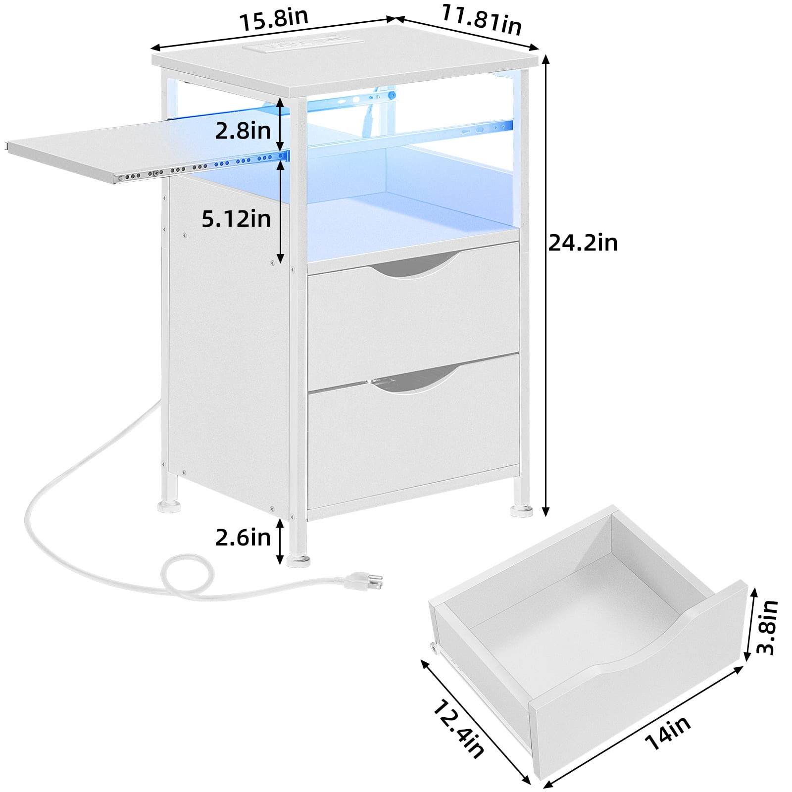 LELELINKY 5-Tier End Table with LED Light & Charging Station, Narrow Wooden Side Table with Shelf and Drawers, Bedside Table for Bedroom