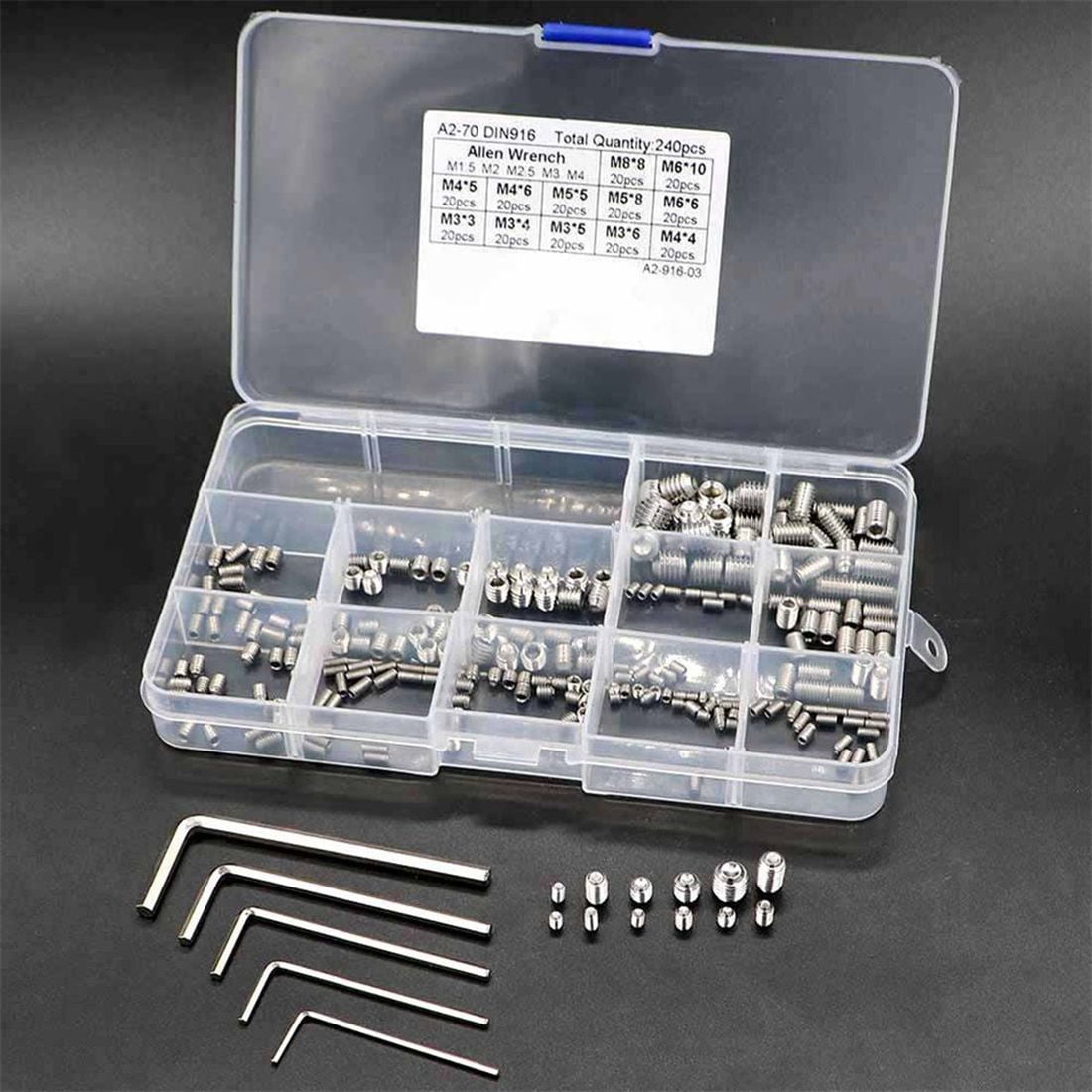 240Pcs Stainless Steel Cup Point Grub Hex Head Allen Screw Set with 5 Key Wrench 