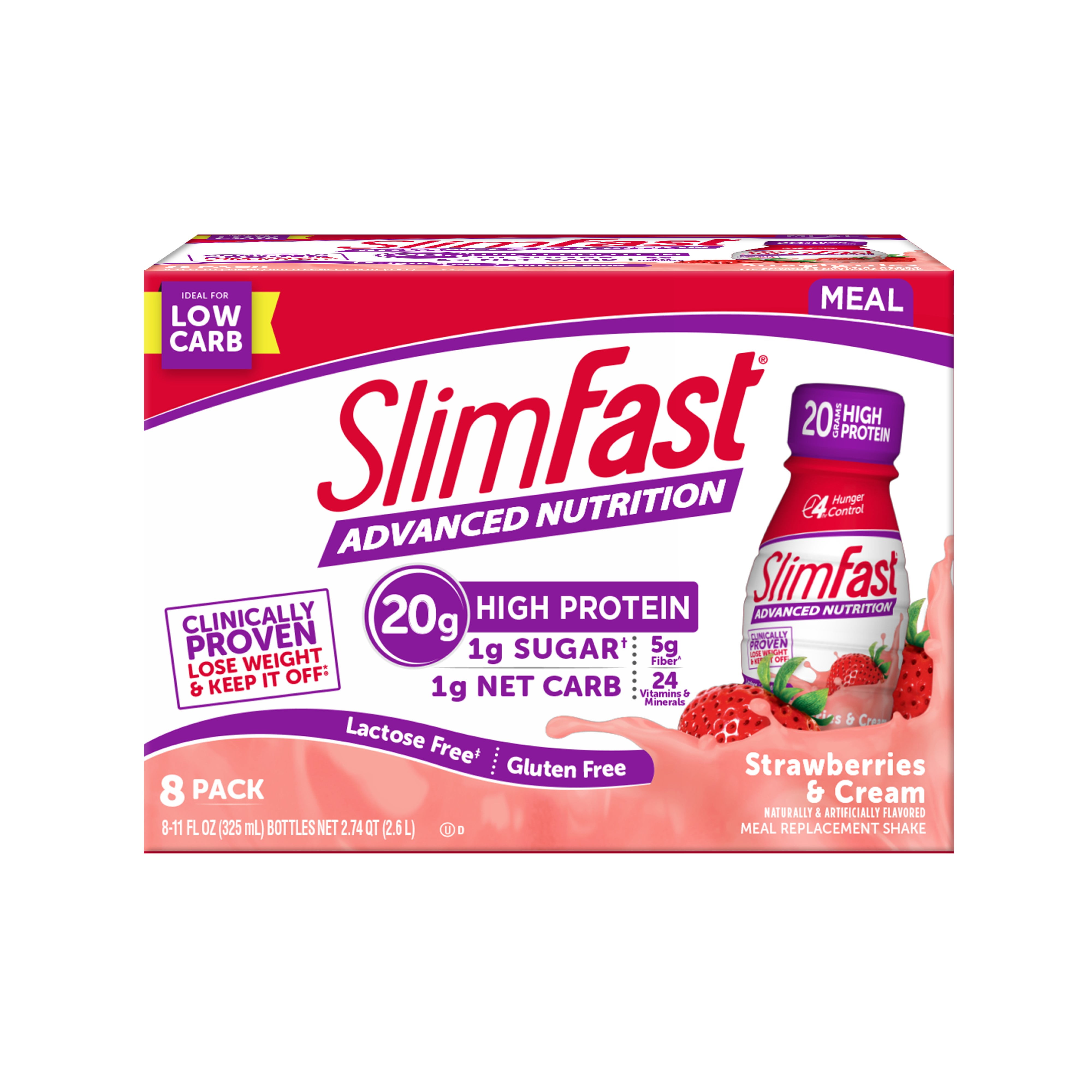 SlimFast Advanced Ready To Drink Shake, Strawberries & Cream, 8 Count