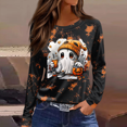 thumbnail image 2 of Womens Long Length Sleeve Tops Pumpkin Cute Ghost Graphic Casual Blouse Pumpkin Print Festive Autumn Top, 2 of 6