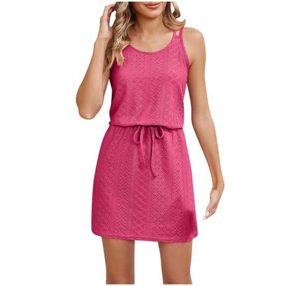 ShomPort Women's Eyelet Dress Summer Sleeveless Round Neck Tank Dress Drawstring Waisted Mini Dress with Pockets
