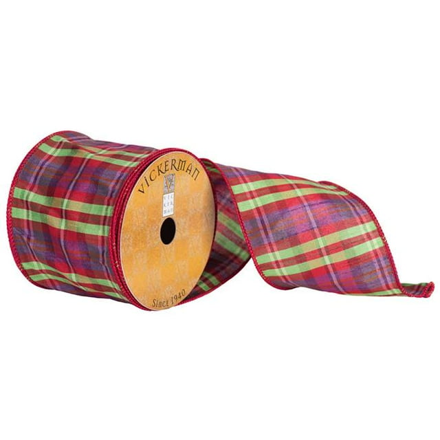 Vickerman Q172732 4 in. x 10 Yard Purple Green Red Plaid Edge Ribbon