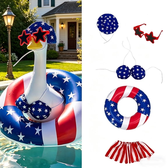 4th of July Patriotic Porch Goose Outfit – 5Pcs Swimwear Set with Star Sunglasses & Ring, Red White Blue Skirt for Independence Day Garden Decor – Fits 23 inch Goose Statue