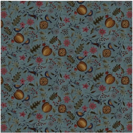Henry Glass Blessings of Home Pumpkin Floral Allover Teal Cotton Fabric By The Yard