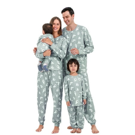 

Suanret Halloween Family Matching Pajamas Cartoon Ghost Print Long Sleeve Tops + Pants / Zip Jumpsuit / Pet Clothes Gray Mom-L