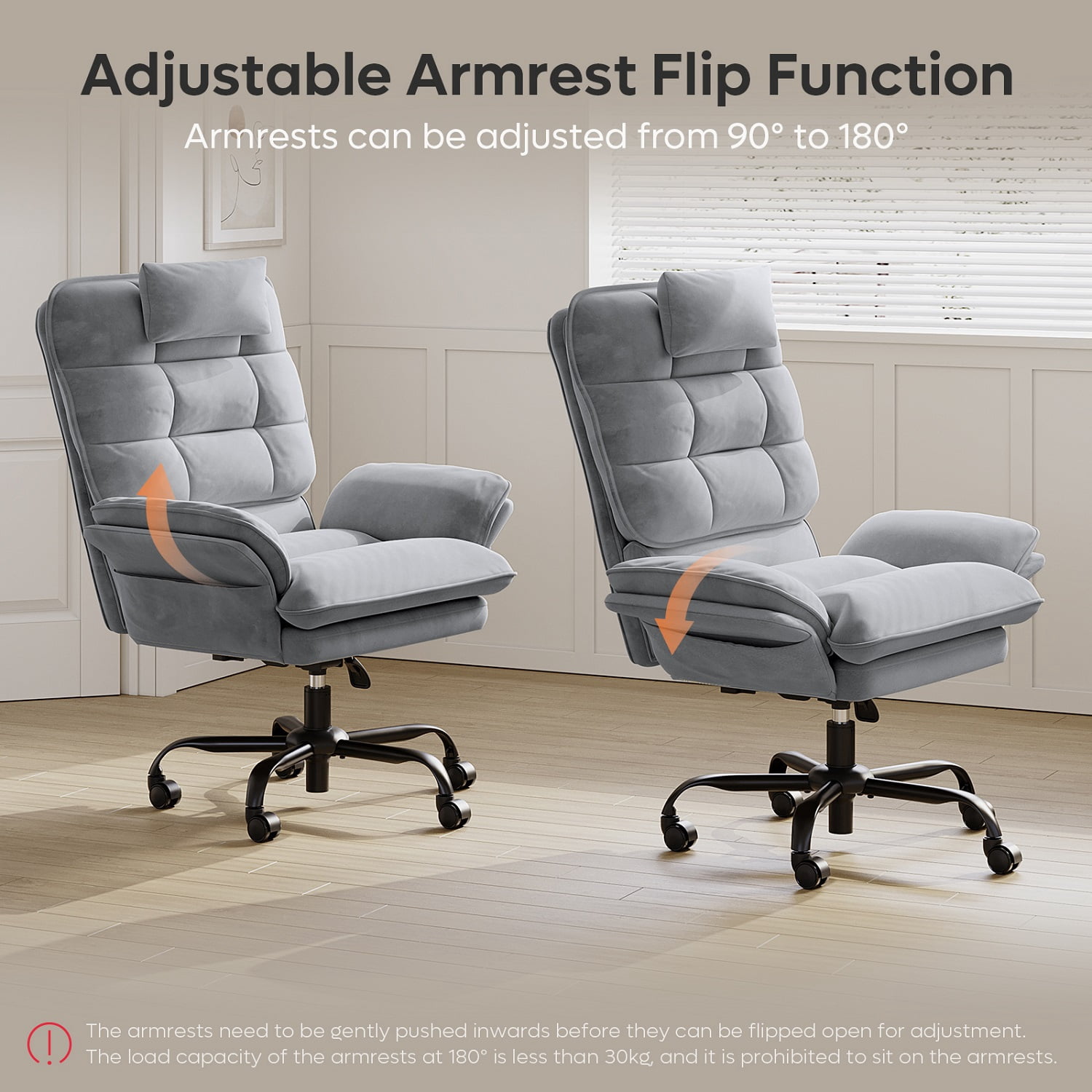 Bestier Big and Tall Executive Office Chair with Flip-Up Arms for Adults, Adjustable Height, Reclining Office Chair with Headrest & Side Pockets in Grey