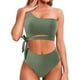 thumbnail image 3 of Conjunto de bikini de dos piezas con un hombro al descubierto y cintura alta, elástico, transpirable, acolchado y sin aros para mujer, color verde L, 3 of 6