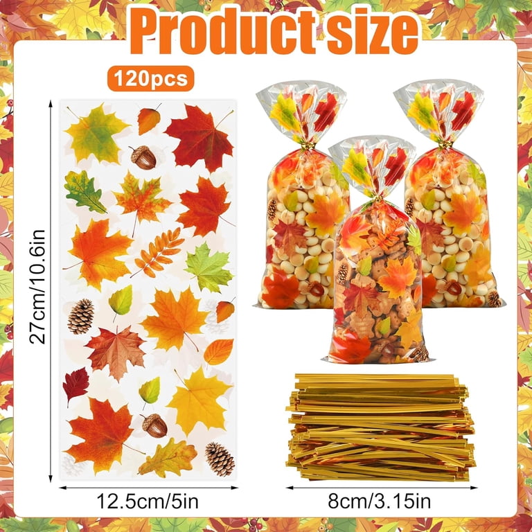 Fall Maple Leaf Cellophane Gift Bags 50-Pack - Thanksgiving Turkey Treat Bags With Twist Ties