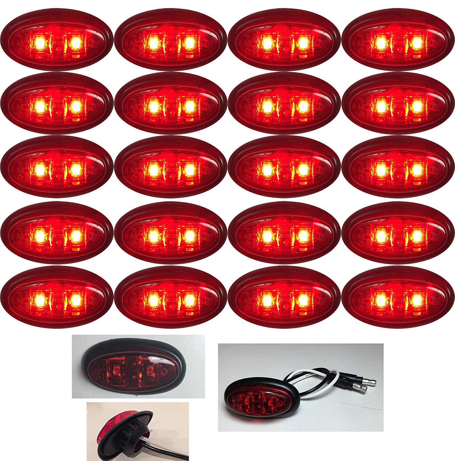12V LONG HAUL Red/Red Mini Oval 2 Diode 2 X 3/4 .75 Clearance Marker Trailer Truck Lights Stainless Steel Trim 5 Pack 
