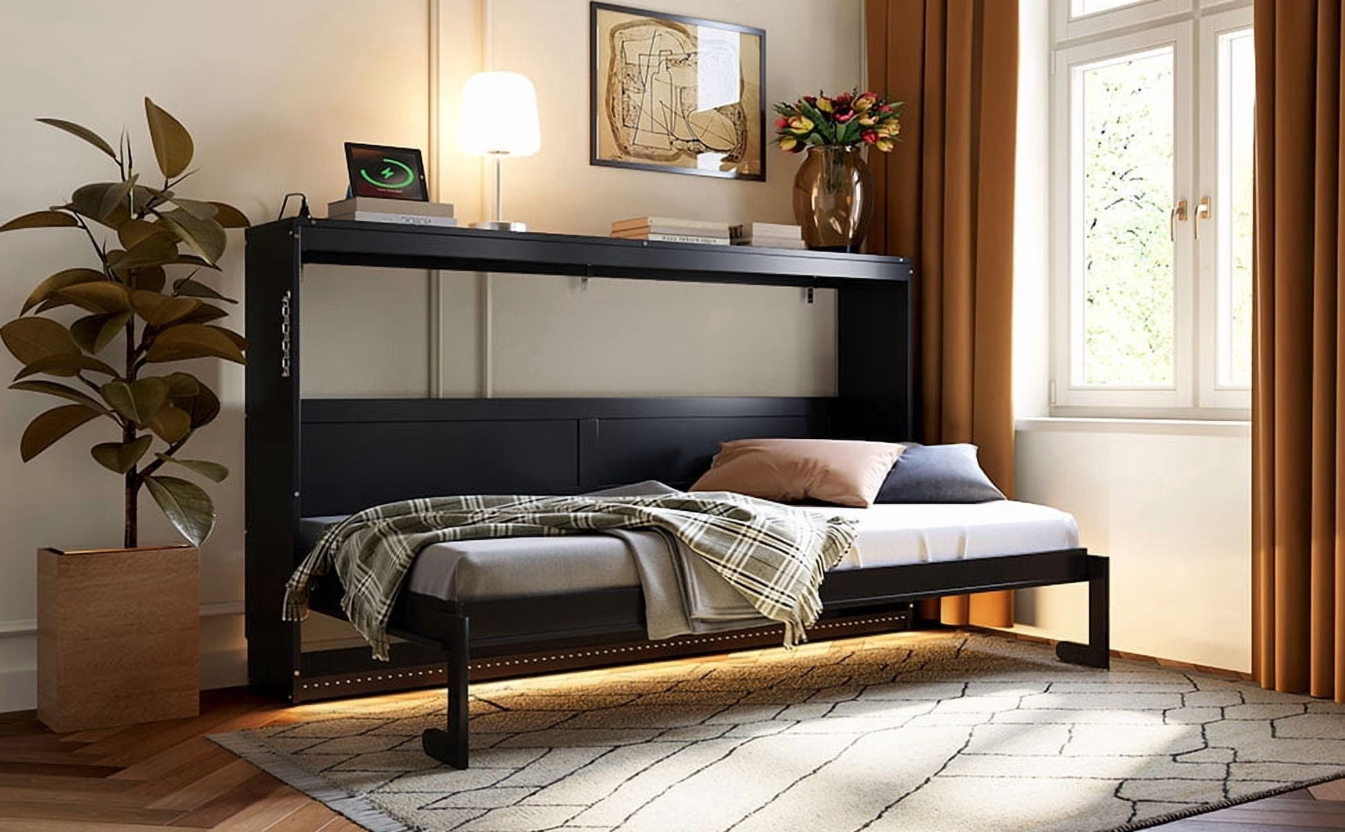 Mintazer Twin Size Murphy Bed with LED Lights & USB Port, Modern Folding Cabinets Bed with Gold Geometric Pattern for Home Office, Black