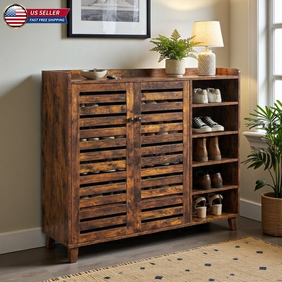 Hassch 45.67"W Shoe Cabinet with Slatted Doors, 5-Tier Storage Cabinet with Adjustable Shelves & Open Cubbies, Wooden Shoe Rack Organizer for Entryway, Hallway, Closet, Living Room, Weathered Wood
