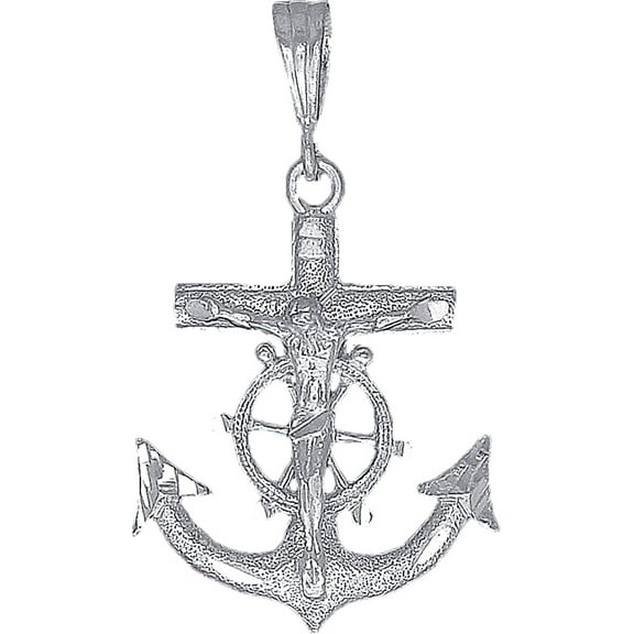 Sterling Silver Anchor Cross with Jesus Pendant Necklace with Diamond Cut Finish and 24 Inch Figaro Chain