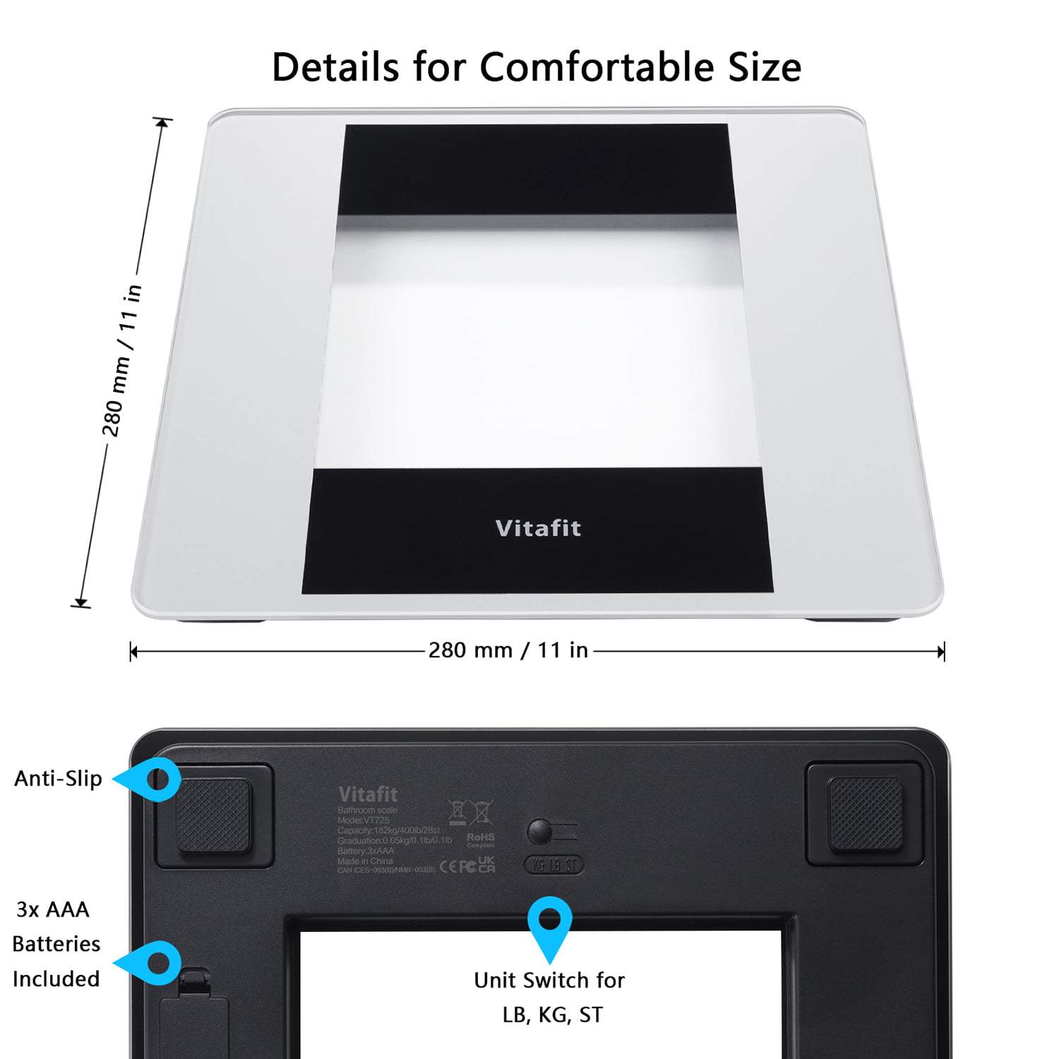  Vitafit Smart Body Fat Weight Scale for Body Composition  Monitors, Weighing Professional Since 2001,Digital Wireless Bathroom Scale  for BMI Fat Water Muscle Sync App, 400lb, Black : Health & Household
