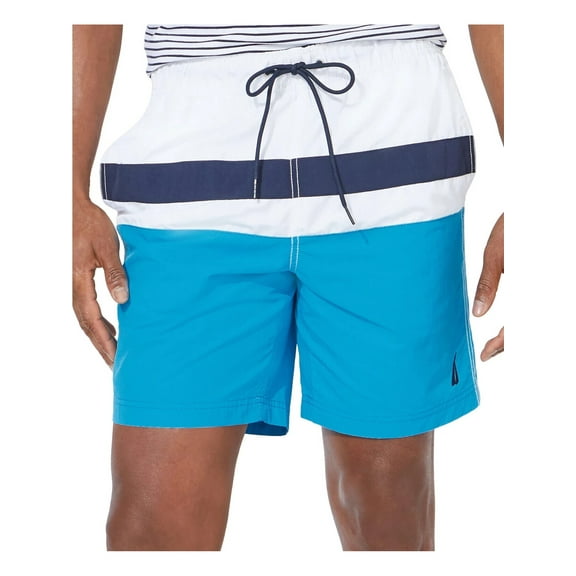 NAUTICA Mens Blue Drawstring, Color Block Classic Fit Moisture Wicking Swim Trunks XXL