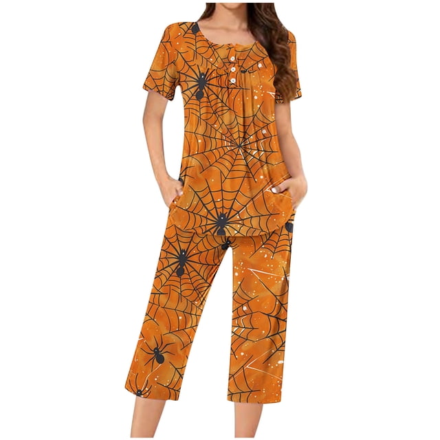 Jamicy Pyjama en Coton pour Femmes, Mignon, Confortable, Décontracté, Tenue de Détente, Imprimé d'Halloween, Col Rond, Boutons, Ensemble de Pyjama Capri, Pyjama d'Halloween