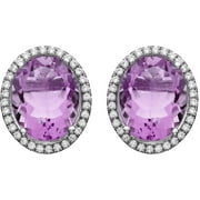 Platinum-Plated Sterling Silver Oval Single-Cut Amethyst Pave CZ Earrings