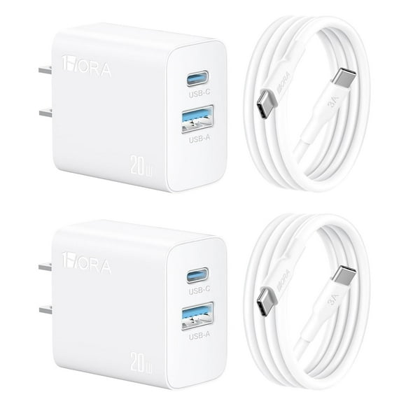 1 Hora 2 Paquete Cargador USB C Carga Rapida con Cable, 2 Puertos Cubo Cargador Tipo C PD 20W+USB A