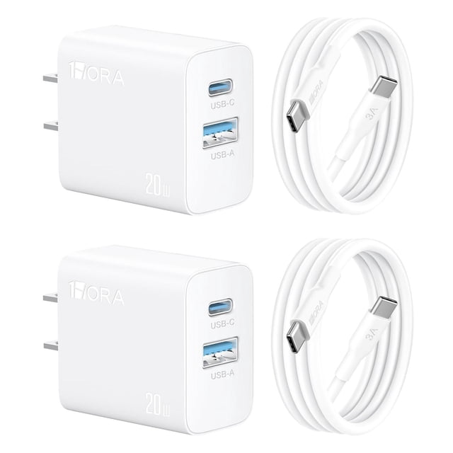 1 Hora 2 Paquete Cargador USB C Carga Rapida con Cable, 2 Puertos Cubo Cargador Tipo C PD 20W+USB A