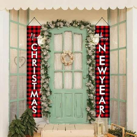 Merry Christmas Porch Sign Banner, Black Red Buffalo Plaid ...