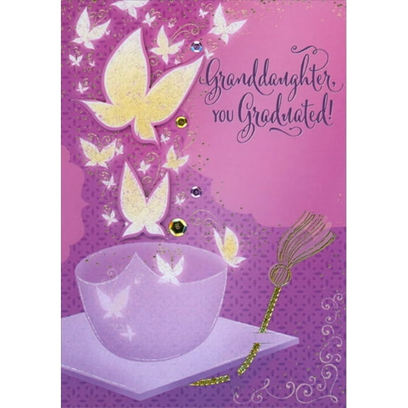 Designer Greetings Upside Down Purple Grad Cap : 3D Butterflies and Sequines Hand Decorated Graduation Congratulations Card for Granddaughter
