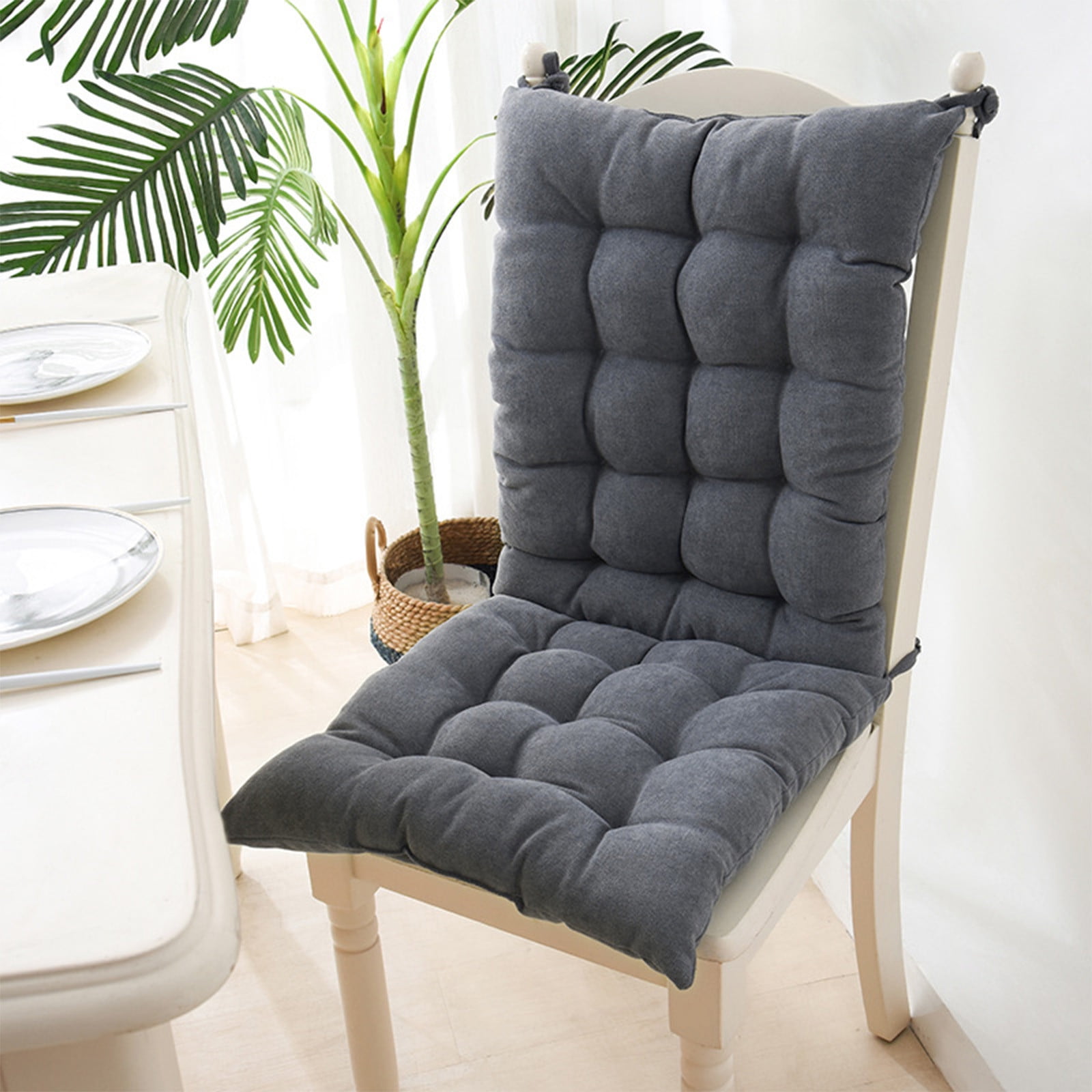 Blasgw Beige High Back Chair Cushion - Indoor/Outdoor Weatherproof Rocking Chair Pad, Comfortable Tufted Seat Cushion with Ties for Porch, Patio Furniture Gray