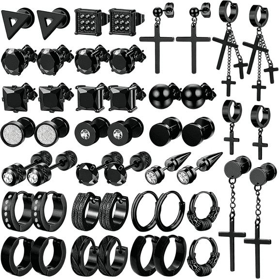 DESIGNICE 24 Pairs Stainless Steel Earrings for Men Hypoallergenic Inlaid Cubic Zirconia Studs Hoop Earring Cross Dangle Earrings Unisex Punk Stud Earring for Women Men