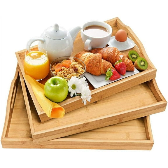Bambloom Bamboo Serving Tray with Handles,Set of 3 Breakfast Trays for Eating,Tea,Working,Natural