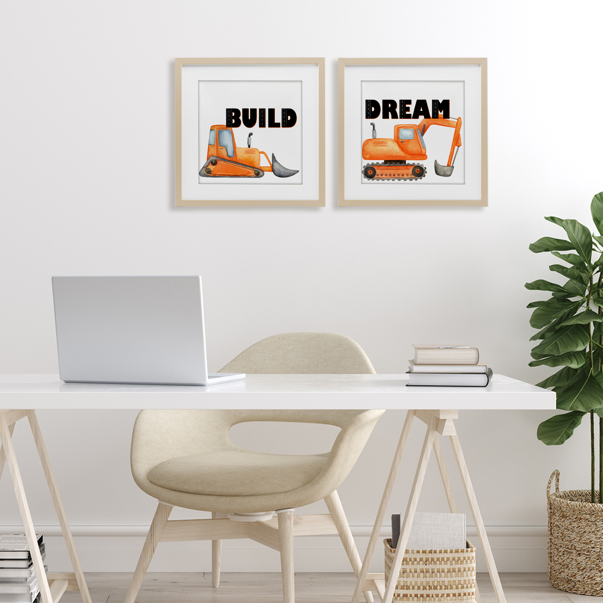 Build & Dream Construction Vehicles 2 Piece Birch Framed Print Under Glass Set, design by Kim Allen