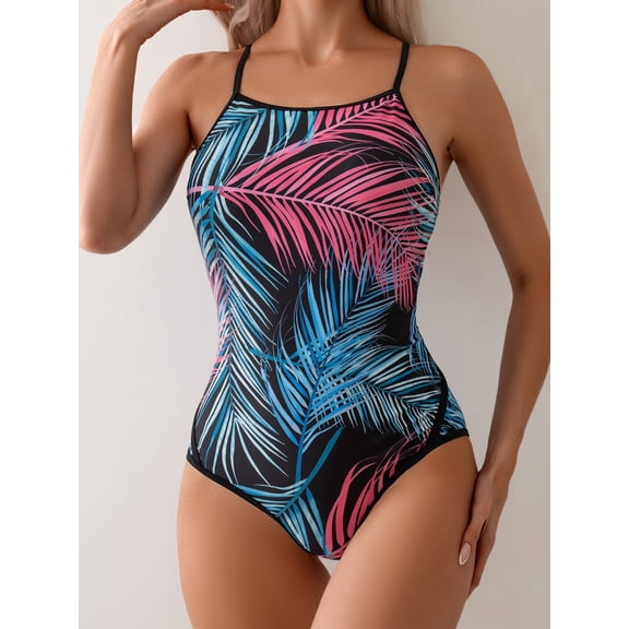 Women's Black & Tropical Print High-Neck One-Piece Swimsuit – Breathable, Slimming & Poolside Ready