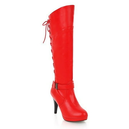 

Tenmix Ladies Fashion High Heel Boot Party Comfortable Lace Up Winter Shoes Dress Non Slip Knee-High Boots Red 7.5