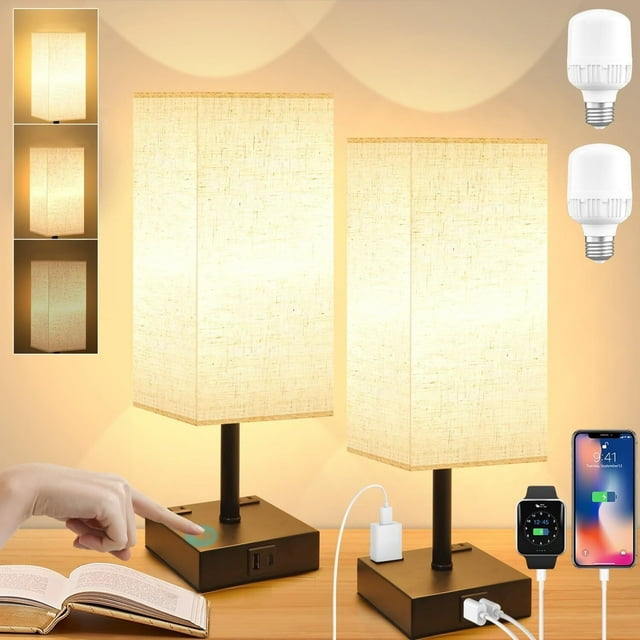 2 PCS Lámparas de Mesa táctil, (bombilla incluida) Lámpara de Escritorio con 3 Niveles de Brillo, Puerto USB & Type-C y 2 salidas de CA, Lámpara de Lectura para habitación, Sala (2 pieza+Blanco)