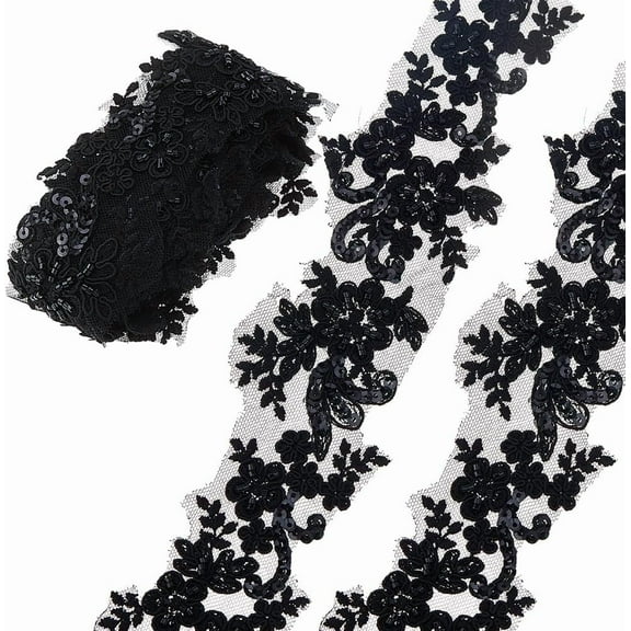 2Yards x 2-1/2 Inch(63mm) Black Embroidery Lace Appliques Rhinestone Beaded Flower Embroidery Lace Trim Luxury Trim Patches for Wedding Clothing Embellishments
