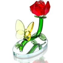 Red Crystal Flower Rose with Yellow Butterfly Figurine Personalized Decor Glass Rose Flower Gifts for Women,Wife,Handmade Glass Flower Collectible for Valentine's Day