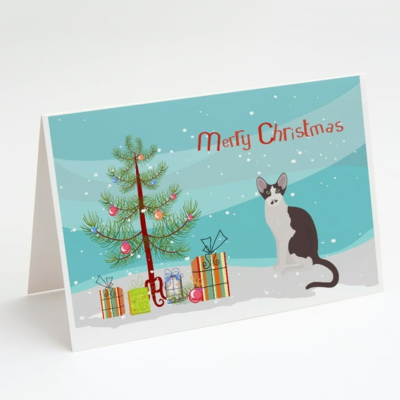 Oriental Bicolor Cat Merry Christmas Greeting Cards and Envelopes Pack of 8