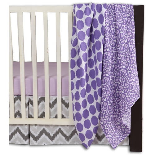 Bacati - Ikat Leopard/Dots/Damask 4-Piece Crib Bedding Set with 2 Muslin Swadling Blankets, Purple/Grey