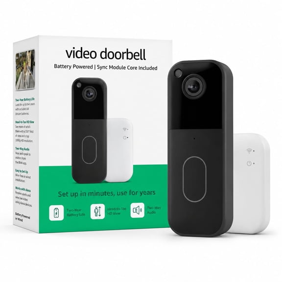 NEW Video Doorbell with Sync Module Core Head-to-Toe HD View, Two-Year Battery Life, Motion Detection, Easy Setup, Black