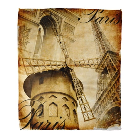 SIDONKU Throw Blanket Warm Cozy Print Flannel Paris Parisian Details Toned in Retro Vintage Sepia Comfortable Soft for Bed Sofa and Couch 58x80 Inches