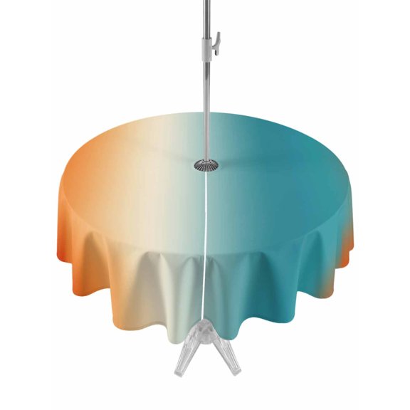 Outdoor Tablecloth with Umbrella Hole for Patio/Picnic/Party/Camping, Burnt Orange Blue Ombre Waterproof Table Cloth Round Cover Washable, Modern Art Aesthetics Abstract (Dia 54")
