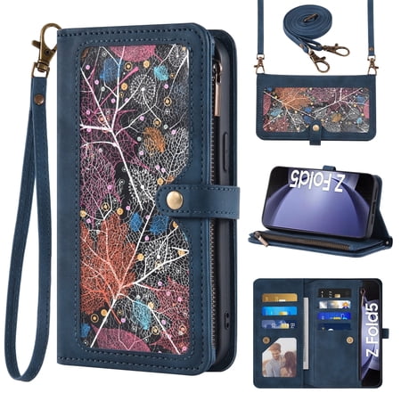 Asuwish Phone Case for Samsung Galaxy Z Fold 5 5G 2023 Wallet Cover Crossbody Wrist Strap Flip Pattern Zipper Card Holder Cell ZFold5 Z5 G Fold5 ZFold 5Z Men Blue
