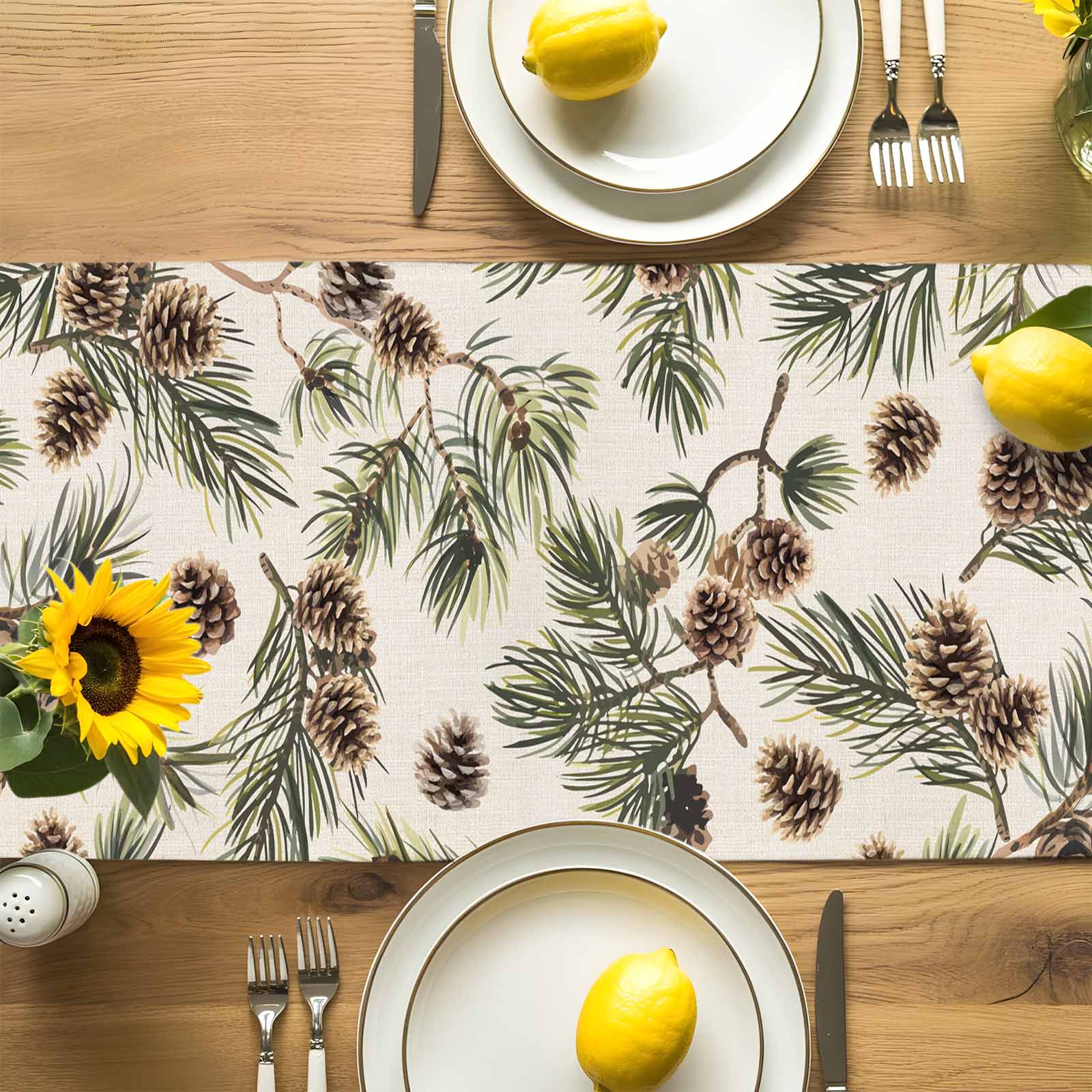 Brown Pine Cones Table Runner, Green Leaves Branch Vintage Linen Kitchen Table Runners Dress Scarves for Table Decorations Party/Restaurant/Indoor Outdoor Use, 13x90in