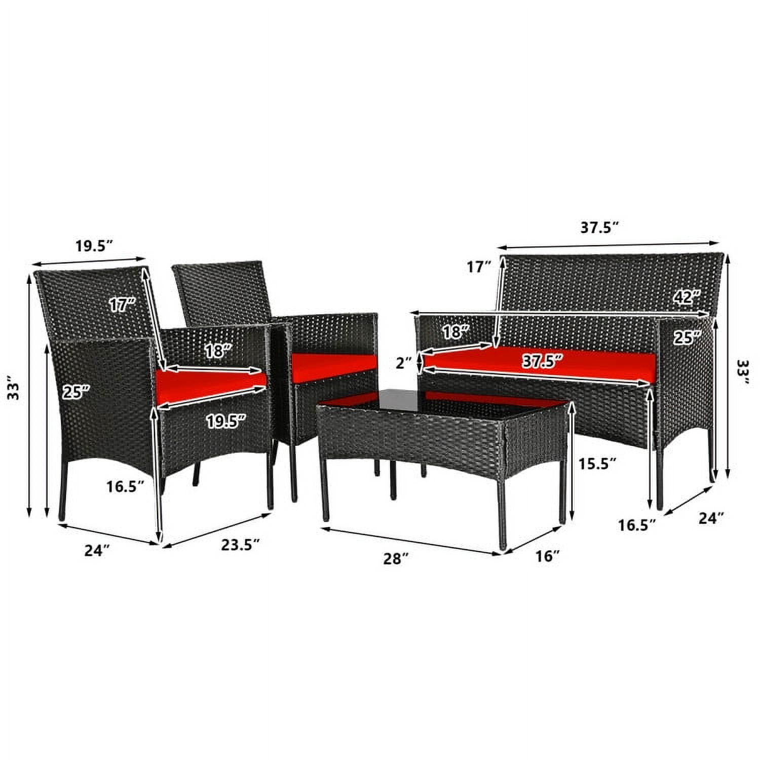 Aimee Lii 4 Pcs Patio Wicker Furniture Set, Cushioned Sofa Furniture, Small Patio Set, Red Aimee Lii 4 Pcs Patio Wicker Furniture Set, Cushioned Sofa Furniture, Small Patio Set, Red