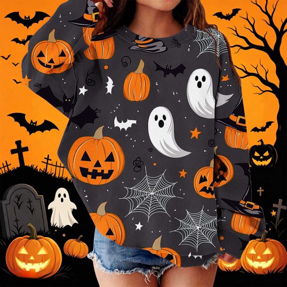 Piuwrlz Girls Halloween Pattern Sweatshirts Kids No Hat Hoodies Long Sleeve Pullover Multicolor Size 12-13Years