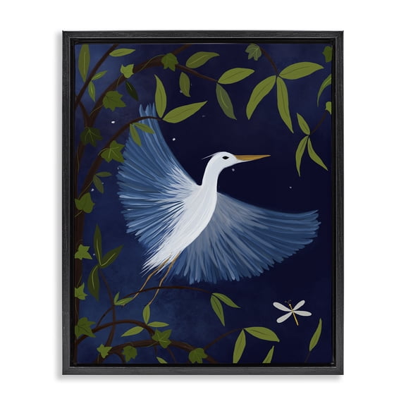 Stupell Industries Eclectic Heron in Night Forest Black Floating Frame Canvas Art, 17 x 21, by Michelle Ingari Designs