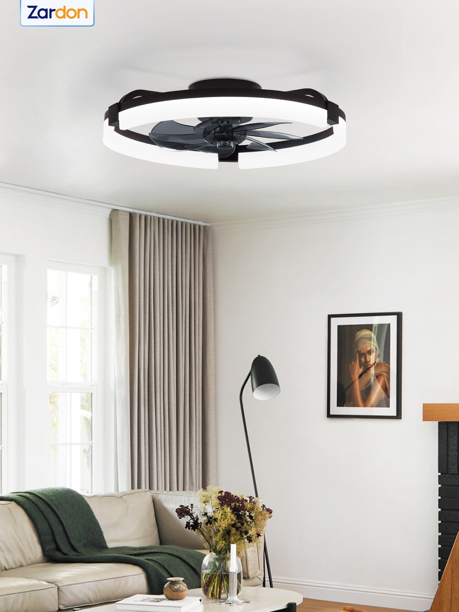 Zardon 20 inch Modern Ceiling Fan with Light and APP & Remote Control, Flush Mount Ceiling Fan, 6 Speeds, 3 Color Temperatures, Ultra Quiet DC Motor, for Bedroom, Living Room-Black