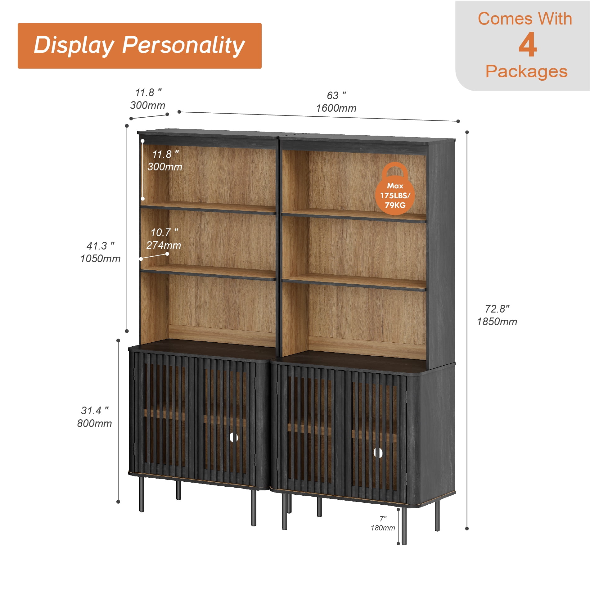 72.8" Tall Bookshelf with Doors - 6 Tiers Large Modern Bookcase with Adjustable Shelves, Black