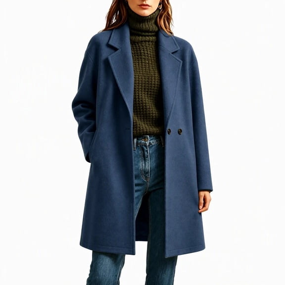 Afelkas Women's Oversized Wool Blend Peacoat Double Breasted Notch Lapel Mid Length Warm Winter Coat with Pockets