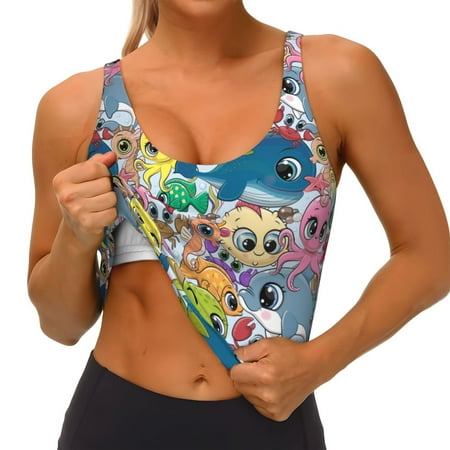 Qokaie Cartoon Marine Animals Pattern Womens Scoop Neck Sports Bra Breathable Workout Vest Padded U Back Medium Impact Fitness Gym Yoga Bra Workout Crop Top